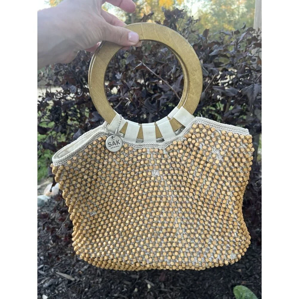 Vintage 90s The Sak beige cream crochet beaded top wood handle bag retro beachy